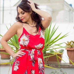 Red dress with belt.